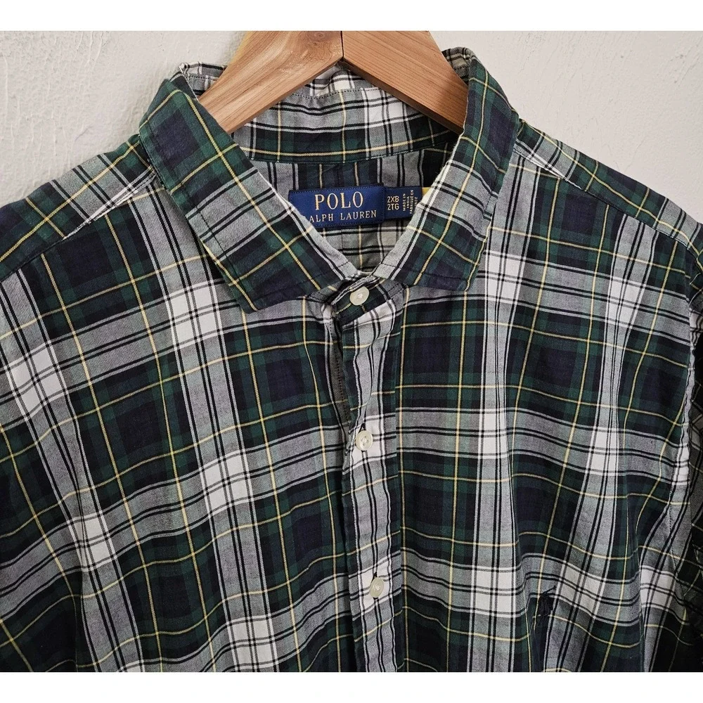 Polo Ralph Lauren Shirt Men Size 2XB Button Up Long Sleeve Green Navy Plaid Pony